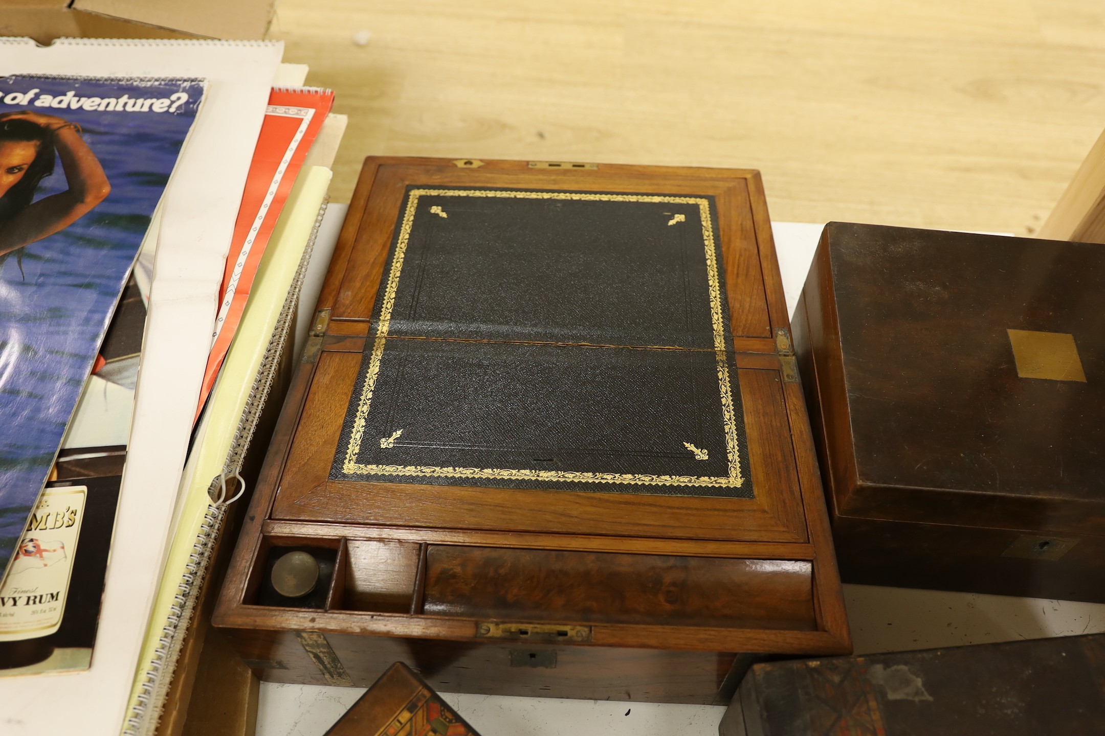 A Victorian rosewood writing slope, a similar smaller one and two boxes